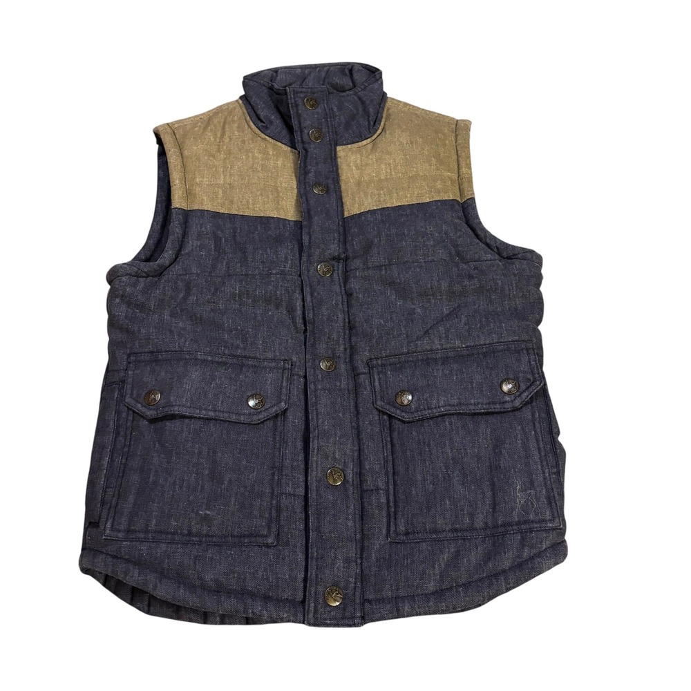 Kane‎ & Unke Mens Navy Blue Linen Blend Puffer Vest Tan Yoke Plaid Lining Size S